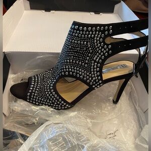 NIB INC International Concepts Black Suede Studded Peep Toe Heels 11M